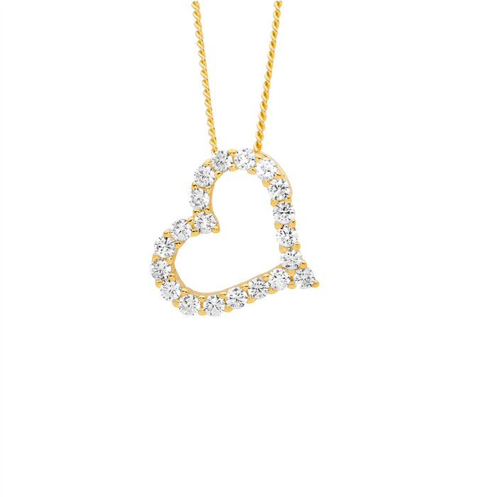 Ellani SS WH CZ 13mm Open Heart On Angle Pendant W/Gold Plating