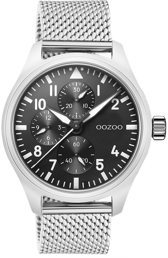 Black Coloured Oozoo Watch with Silver Coloured Metal Mesh Bracelet