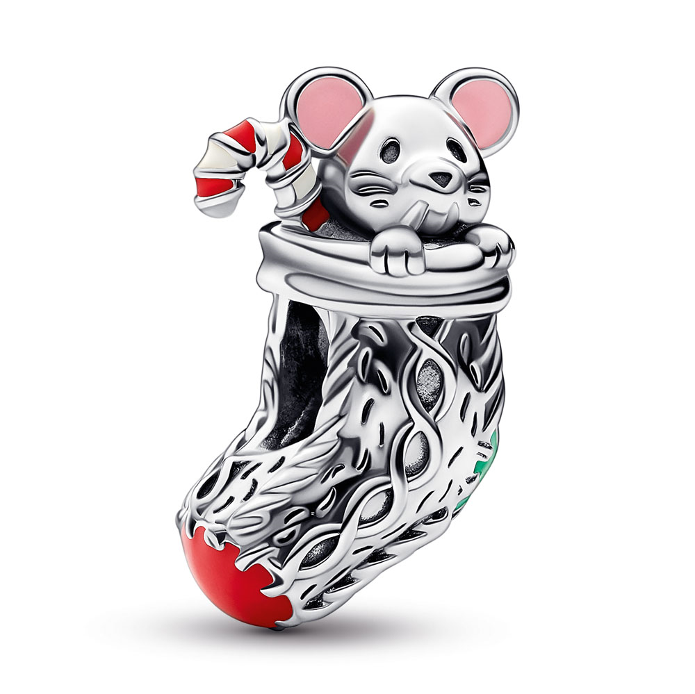 Christmas mouse in a sock sterling silver charm with red, white, dark green and dusty pink enamel