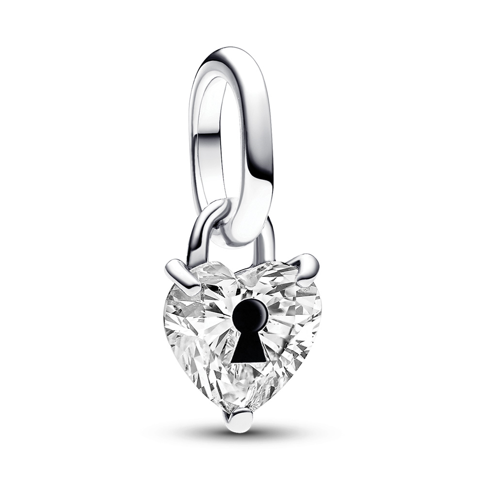 Keyhole heart sterling silver mini dangle with clear cubic zirconia and black enamel