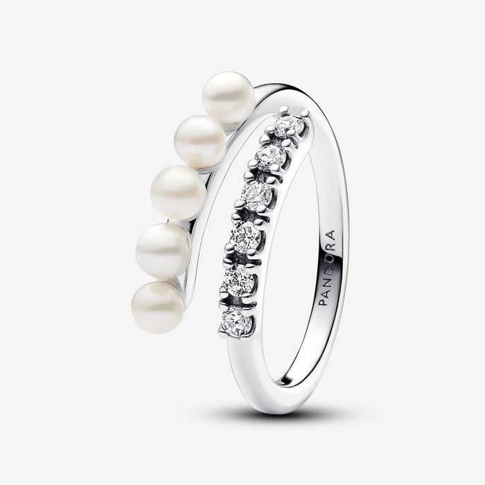 Sterling silver open ring with white treated freshwater cultured pearl and clear cubic zirconia