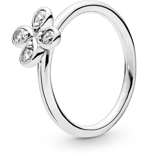 Four-Petal Flower Silver Ring w Clear CZ