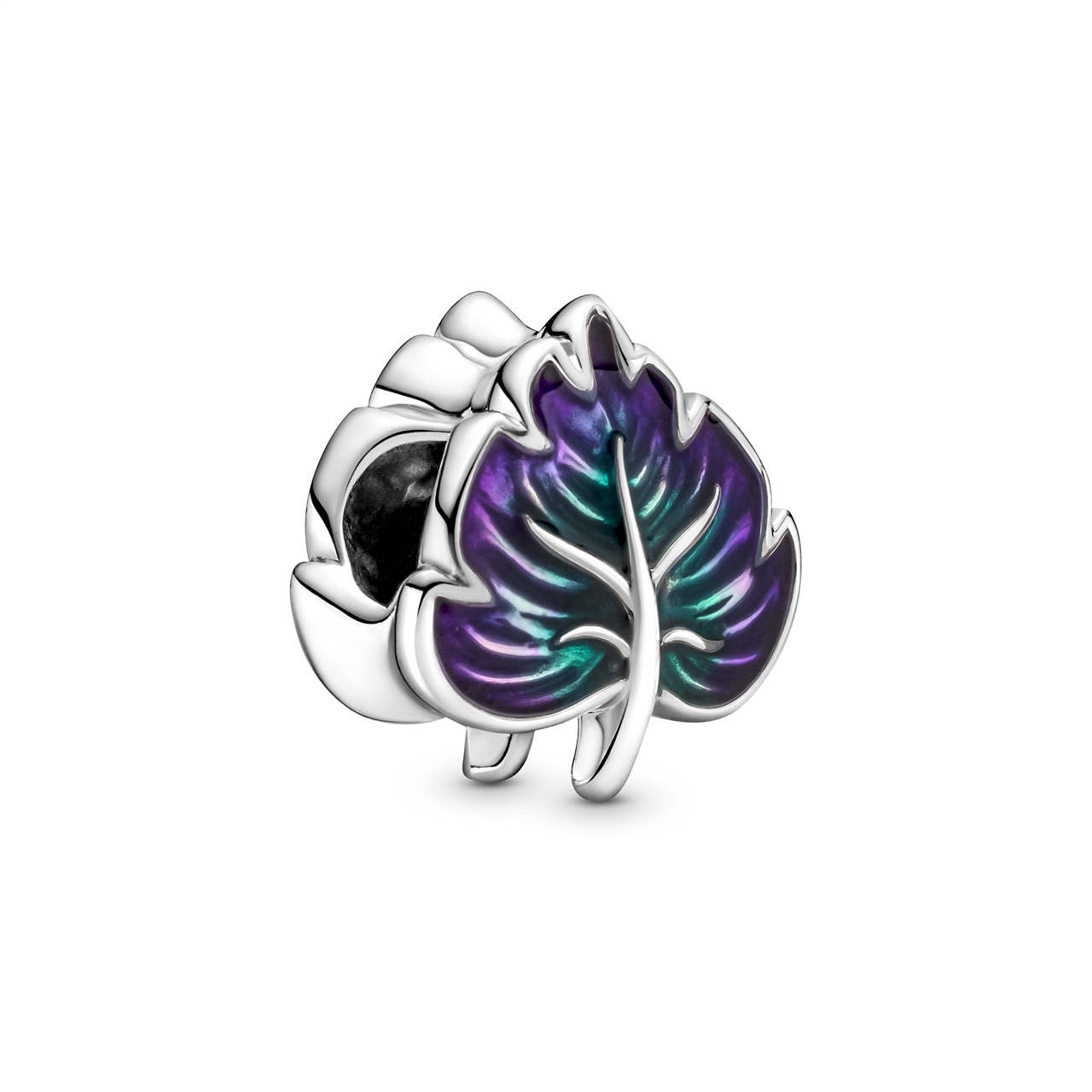 Pandora Autumn Leaf Silver Charm w Purple & Dark Green Enamel