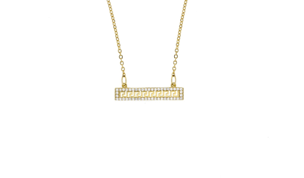Cubic Zirconia Greek Key Bar on Necklace in 9 Carat Yellow Gold