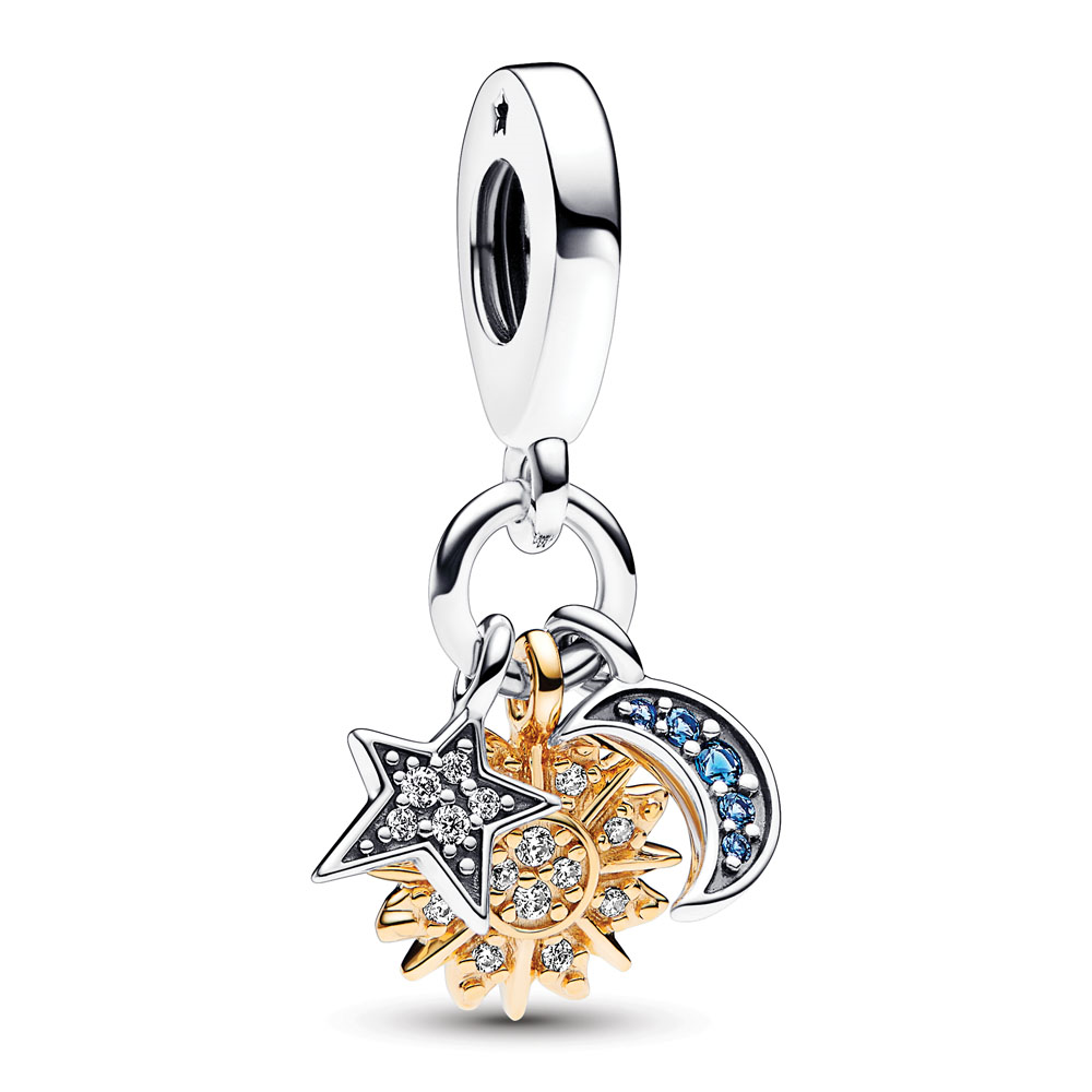 Celestial sterling silver and 14k gold-plated triple dangle with night blue crystal and clear cubic zirconia