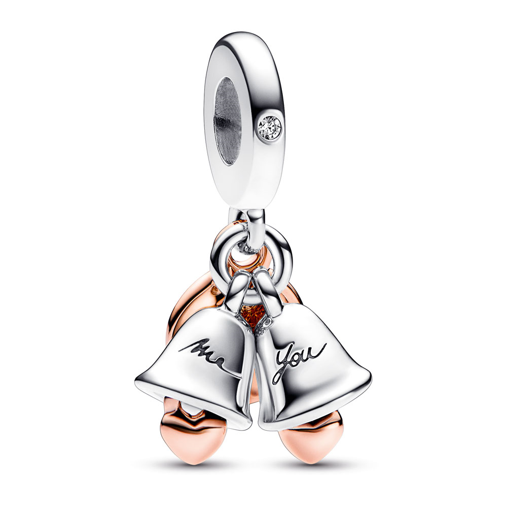 Wedding bells sterling silver and 14k rose gold-plated dangle with clear cubic zirconia