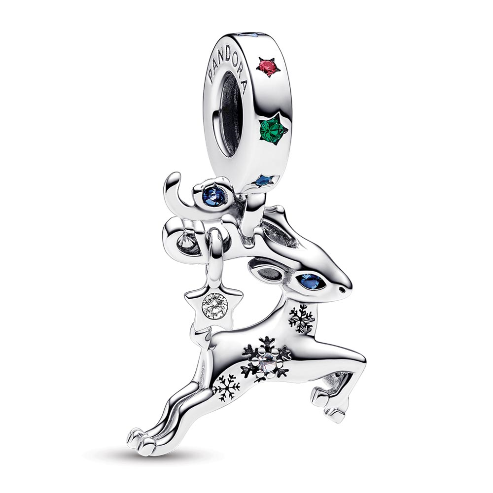 Pandora Magic reindeer sterling silver dangle with stellar blue and royal green crystal, red and clear cubic zirconia