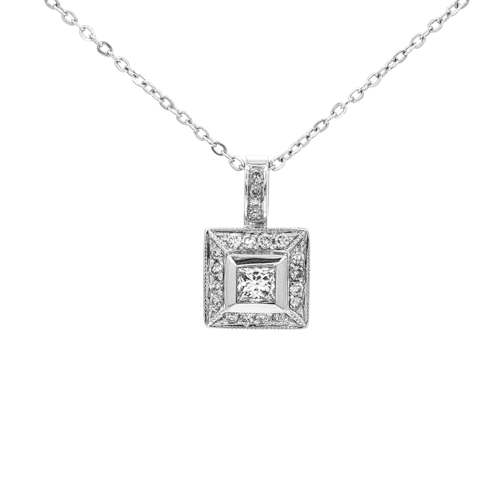 White Gold Necklace with Princess-Cut Diamond Pendant