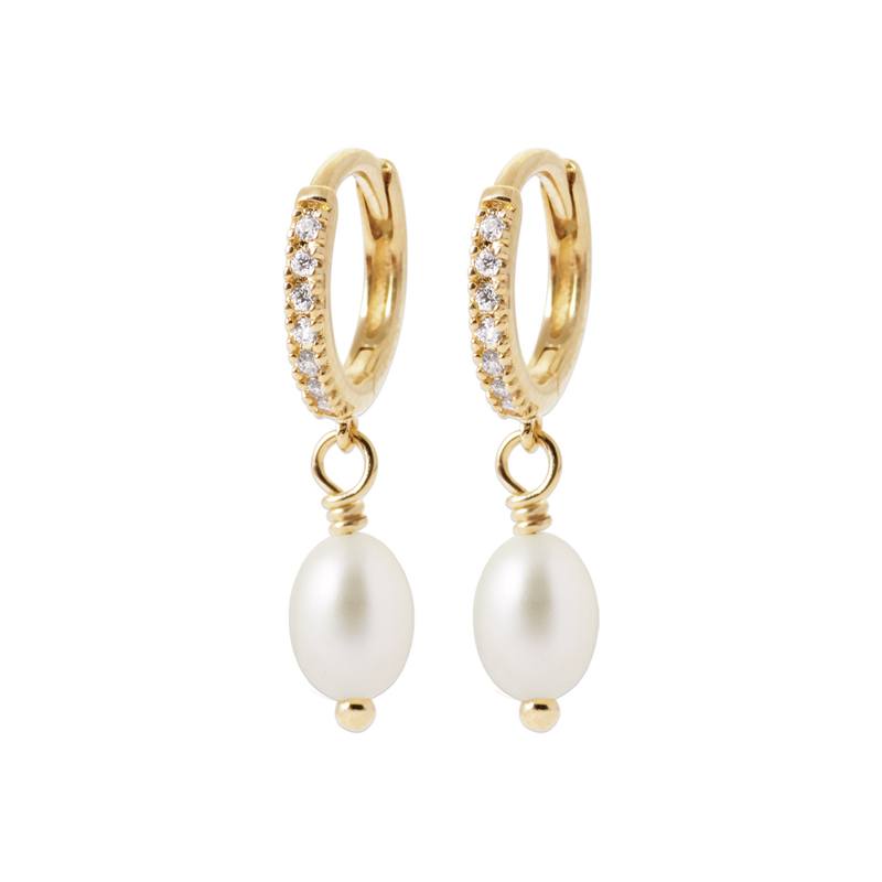 18ct Yellow Gold Plated Alloy CZ with Pearl Drop Hoop Earrings