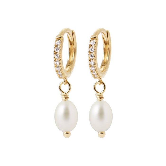 18ct Yellow Gold Plated Alloy CZ with Pearl Drop Hoop Earrings