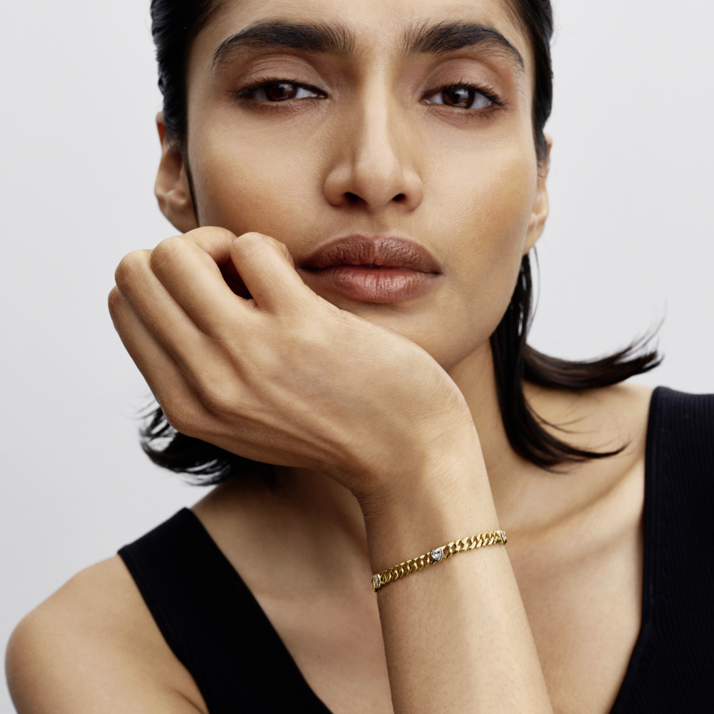 Heart cuban chain 14k gold-plated bracelet with clear cubic zirconia