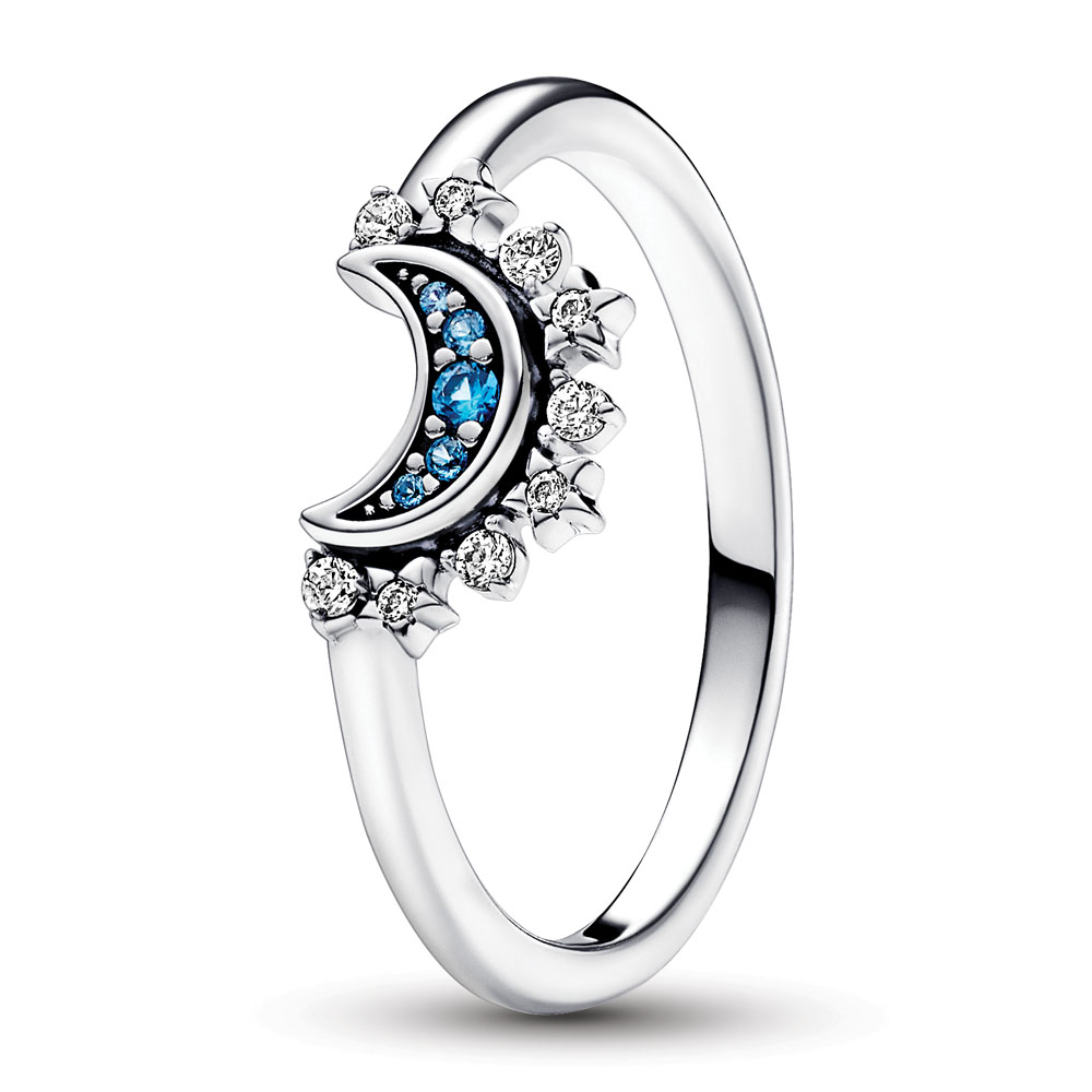 Celestial moon sterling silver ring with night blue crystal and clear cubic zirconia