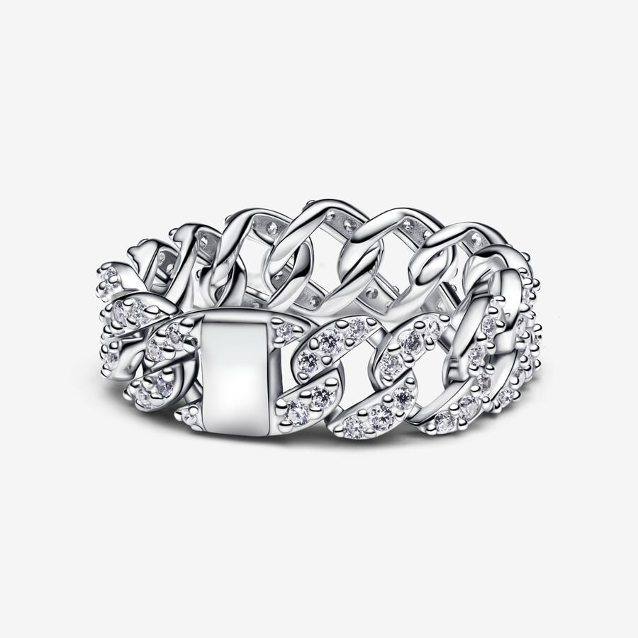 Cuban chain sterling silver ring with clear cubic zirconia