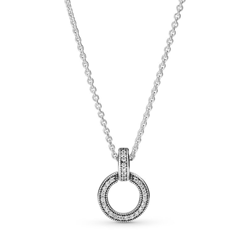 Pandora Logo Interlocking Circles Silver Pendant & Neclace w Clear CZ