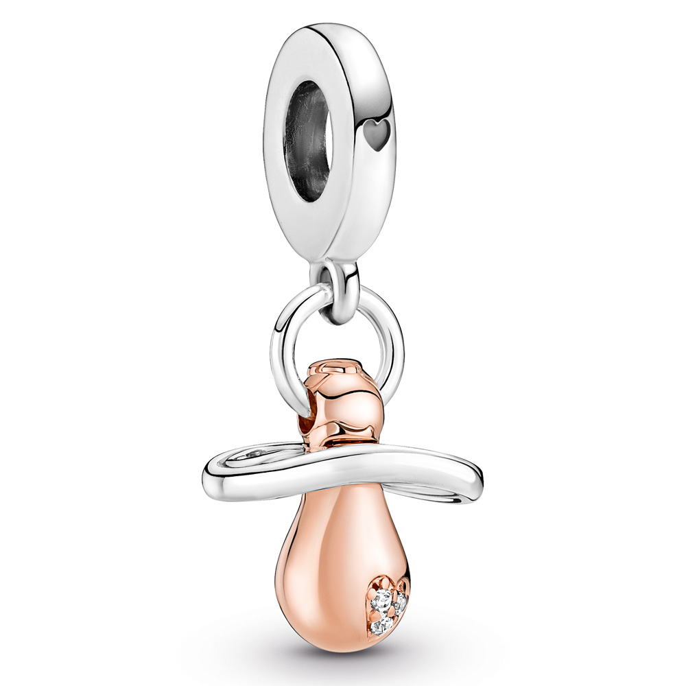 Pacifier sterling silver and 14k rose gold-plated dangle with clear cubic zirconia