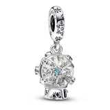 Snowglobe sterling silver dangle with clear and teal cubic zirconia and clear glitter Murano glass
