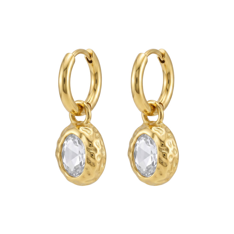 Seren Stainless Steel 18K Gold Plated CZ Oval Drop Hoop Earrings