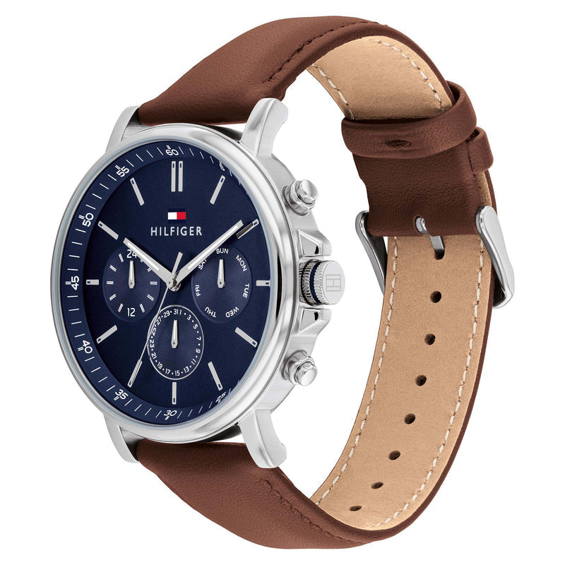 Tommy Hilfiger Brown Leather Navy Dial Multi-function Men's Watch