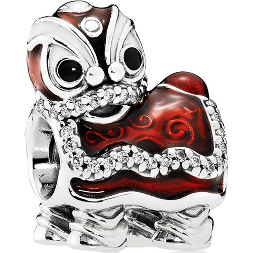 Chinese Lion Dance Silver Charm w CZ &amp; Red, White, Black Enamel