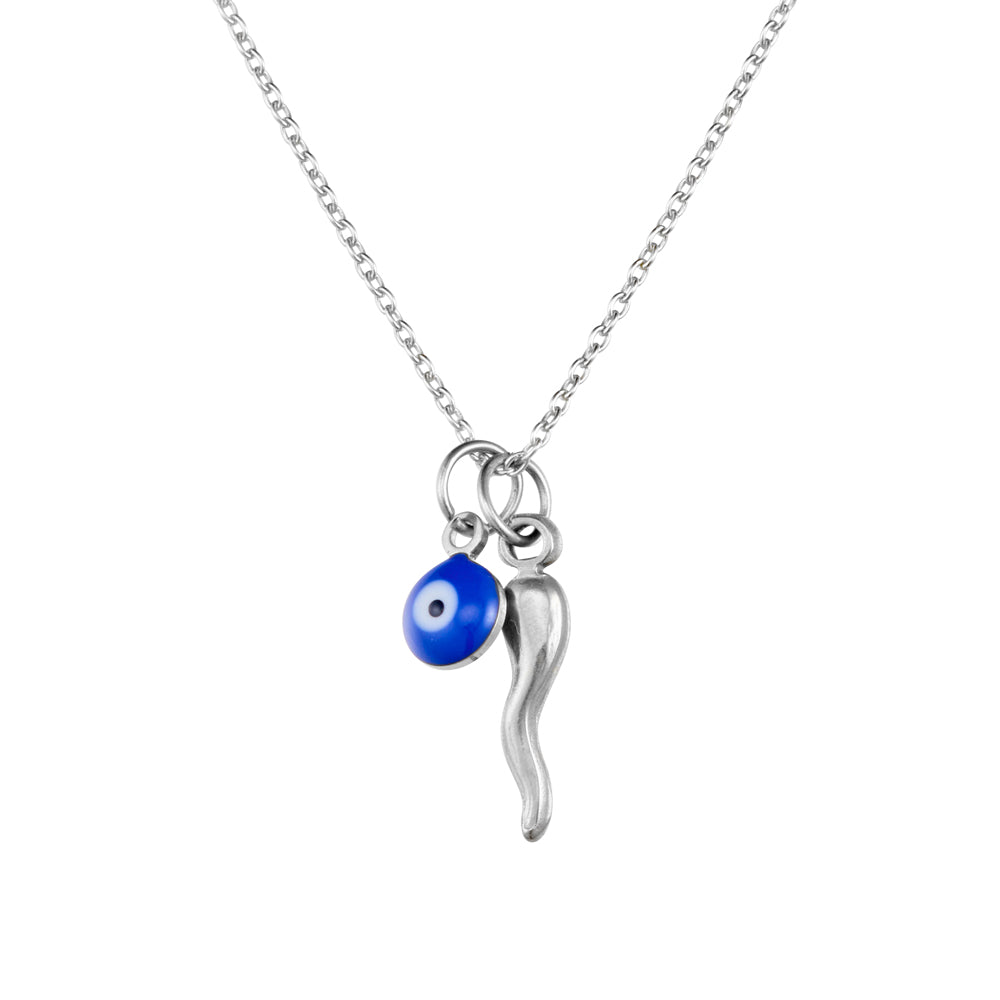 Sterling Silver Cornicello and Evil Eye Pendant Necklace