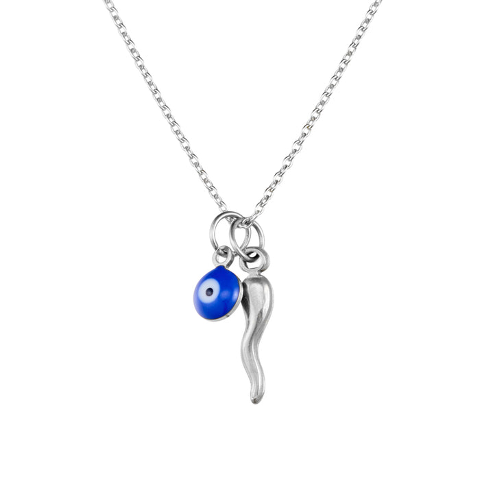 Sterling Silver Cornicello and Evil Eye Pendant Necklace