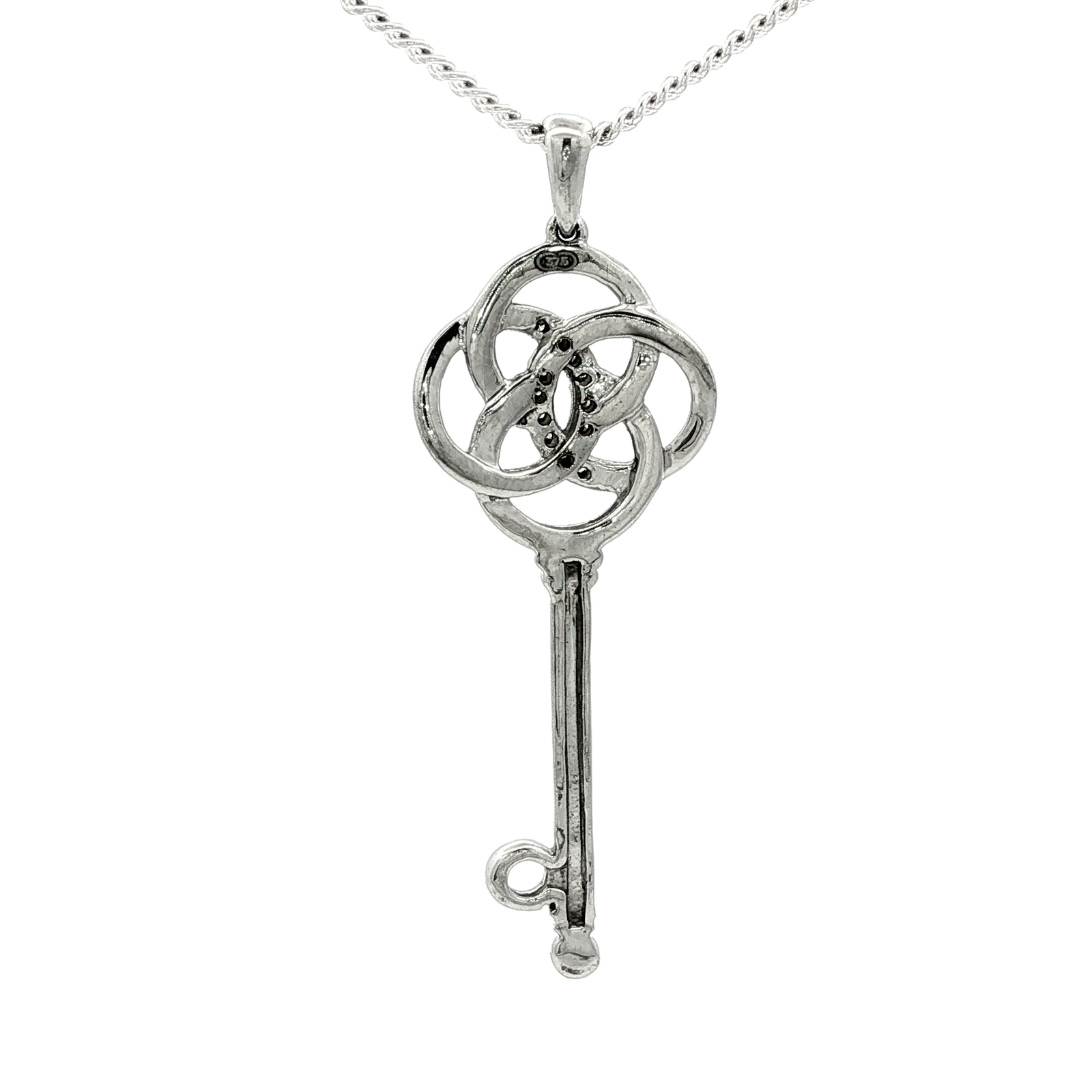 White Gold Plated Silver Key Pendant Necklace with Round Cut Diamonds