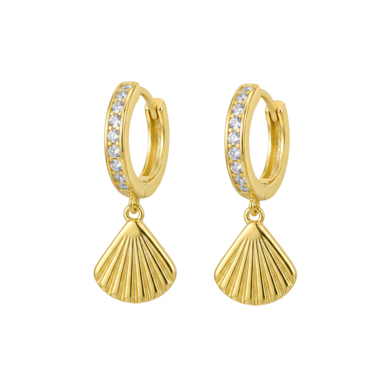 Petite Clam Shell Charms Brass Mini CZ Huggie Earrings