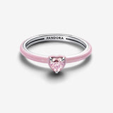 Heart sterling silver ring with orchid pink crystal and glittery pink enamel
