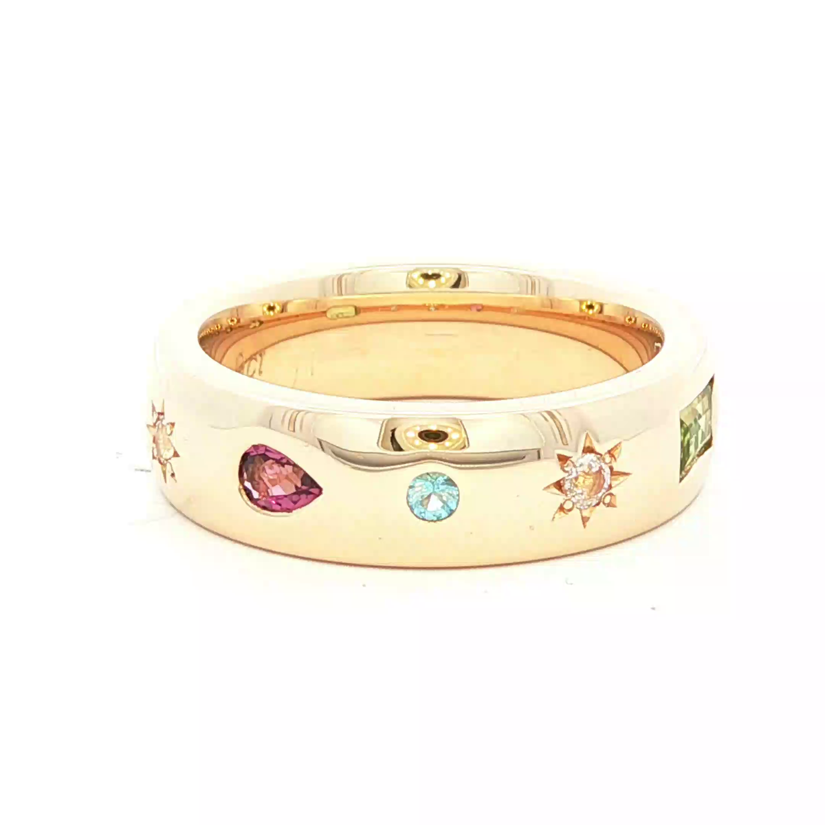 Morganite, Blue Topaz and Pink Tourmaline Dress Ring in Yellow Gold