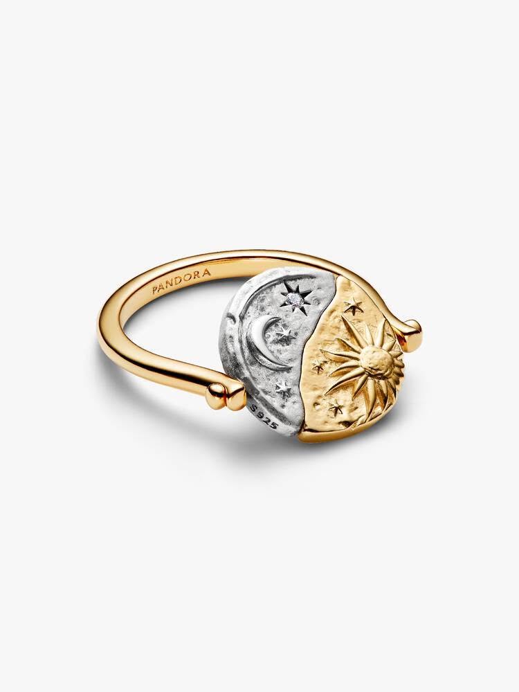 Sun and moon sterling silver and 14k gold-plated spinnable ring with clear cubic zirconia