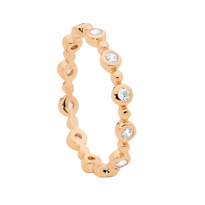 S/S WH CZ Bezel Set Bubble Stacker Ring Rose Gold Plated