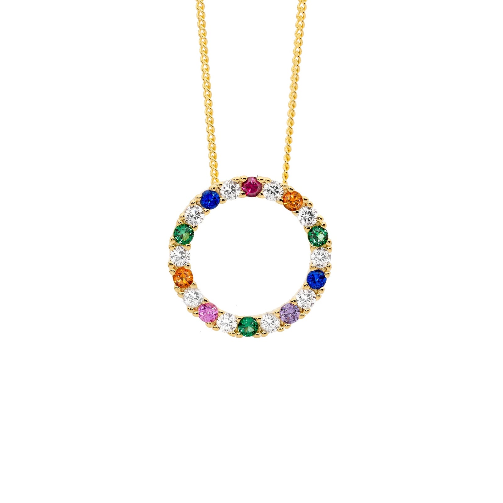 Ellani Sterling Silver Multi Colour CZ Open Circle Pendant