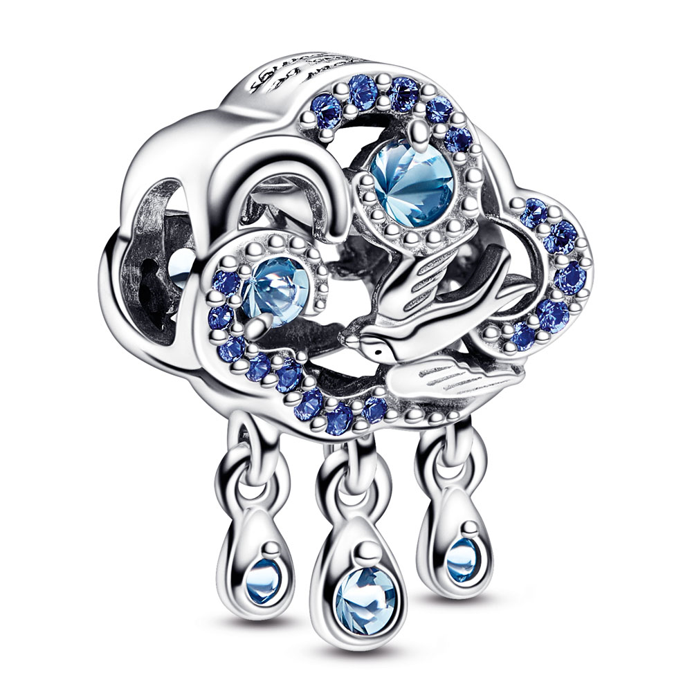 Cloud sterling silver charm with skylight, stellar, bleached aqua, and icy blue crystal