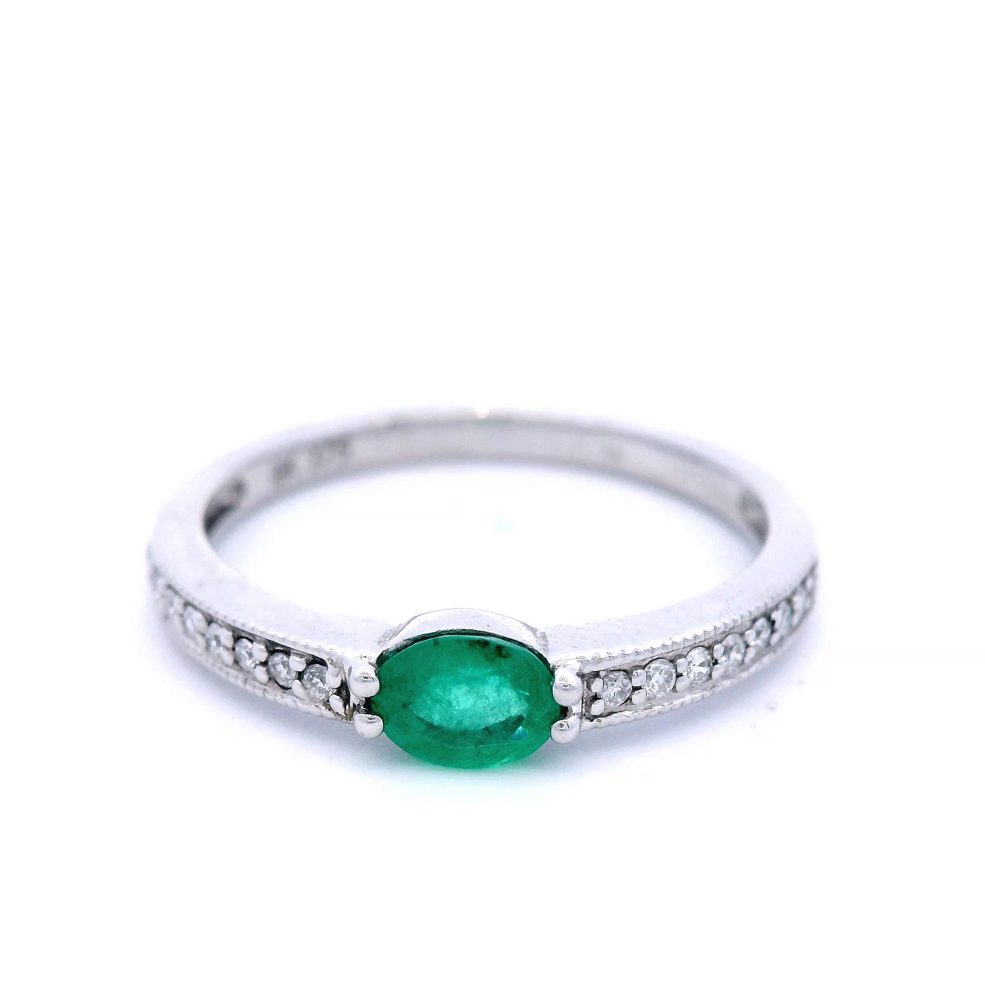 White Gold Diamond and Emerald Ring