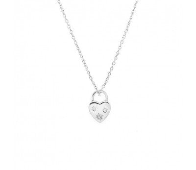Sterling Silver Necklace with Flat Padlock Heart Pendant with Cubic Zirconia