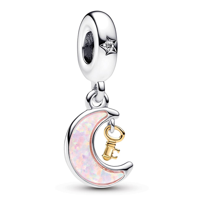 Moon and key sterling silver and 14k gold-plated dangle with clear cubic zirconia and pink lab-created opal
