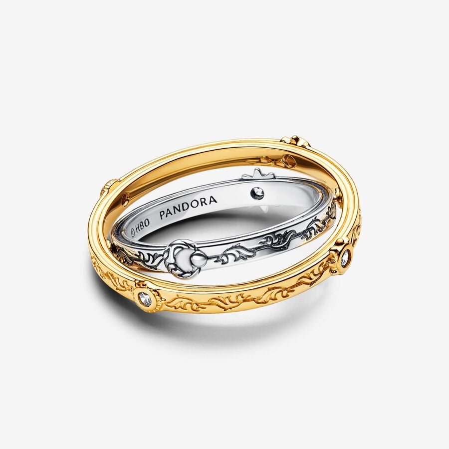 Game of Thrones Astrolabe spinning sterling silver and 14k gold-plated ring with clear cubic zirconia