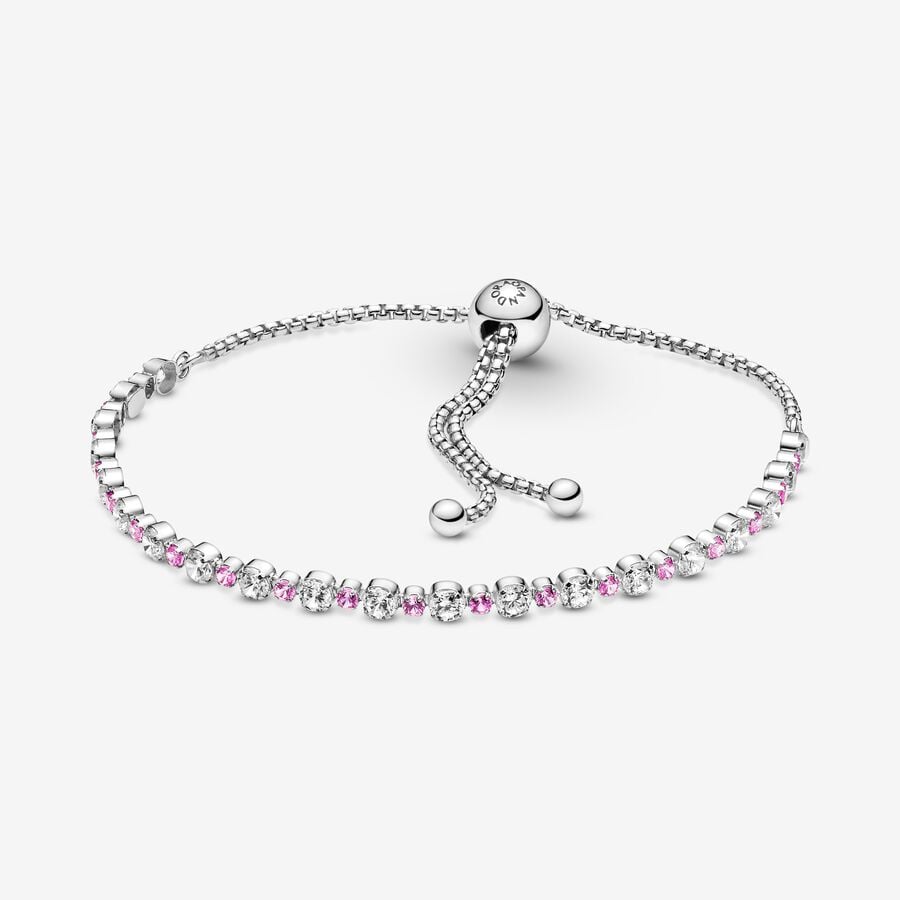 Pink & Clear Sparkle Silver Sliding Bracelet w Synthetic Pink Sapphire & CZ