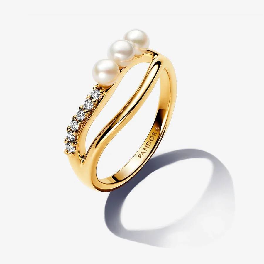 Treated Freshwater Cultured Pearl & Organically Shaped Double Band Ring-56