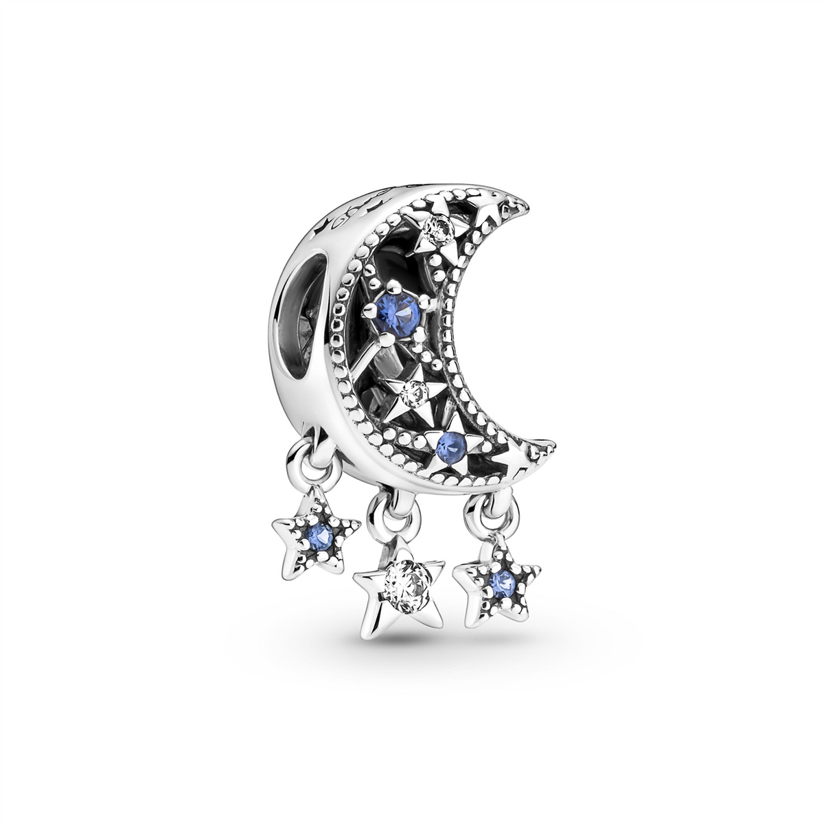 Moon and star sterling silver charm with stellar blue crystal and clear cubic zirconia