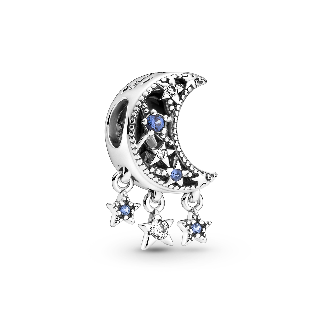Moon and star sterling silver charm with stellar blue crystal and clear cubic zirconia