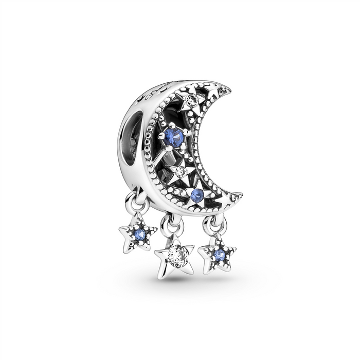 Moon and star sterling silver charm with stellar blue crystal and clear cubic zirconia