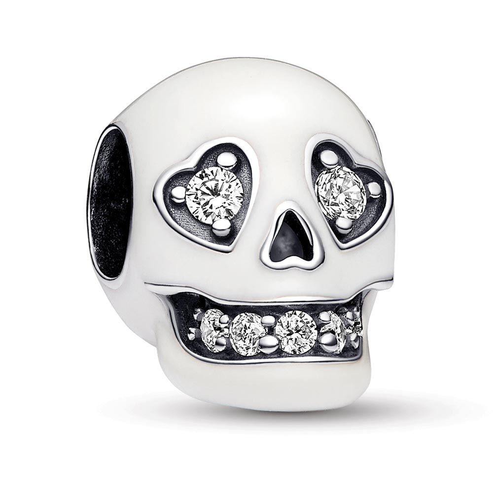 Skull sterling silver charm with clear cubic zirconia and white glow in the dark enamel