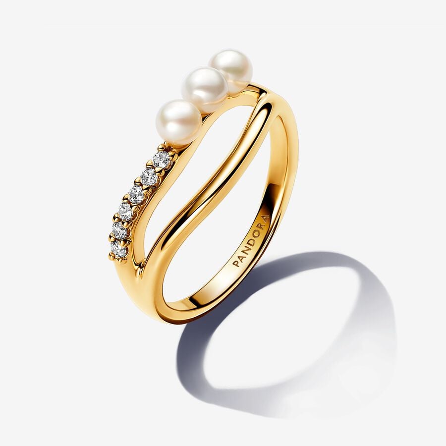 Treated Freshwater Cultured Pearl & Organically Shaped Double Band Ring-56
