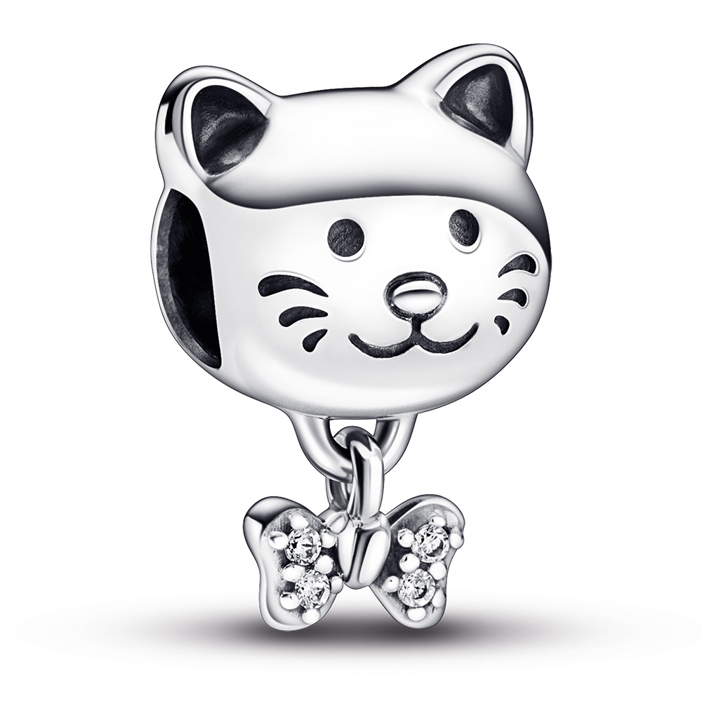 Cat sterling silver charm with clear cubic zirconia