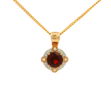 Four Claw Round Garnet and Diamond Pendant in Yellow Gold