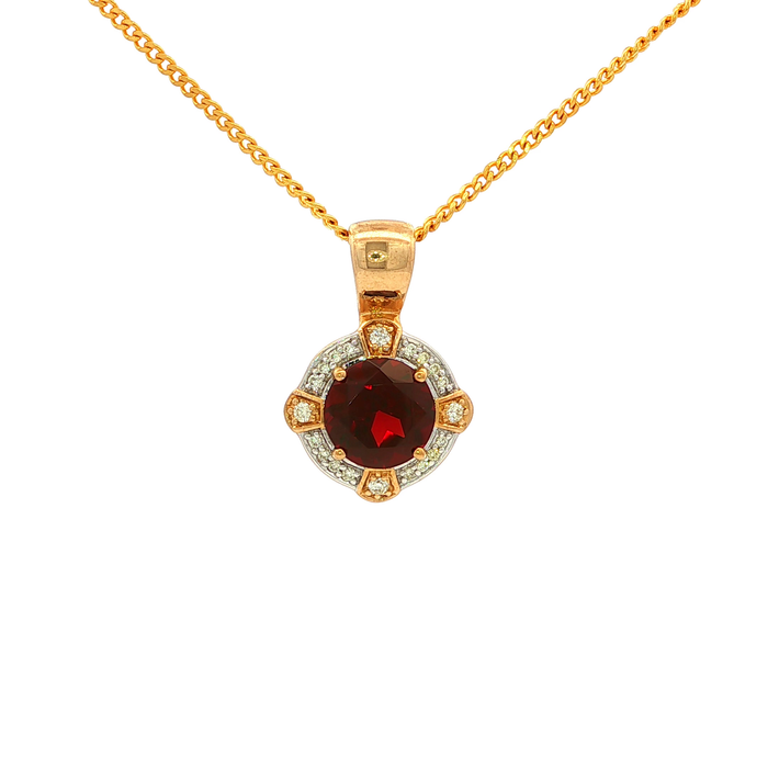 Four Claw Round Garnet and Diamond Pendant in Yellow Gold
