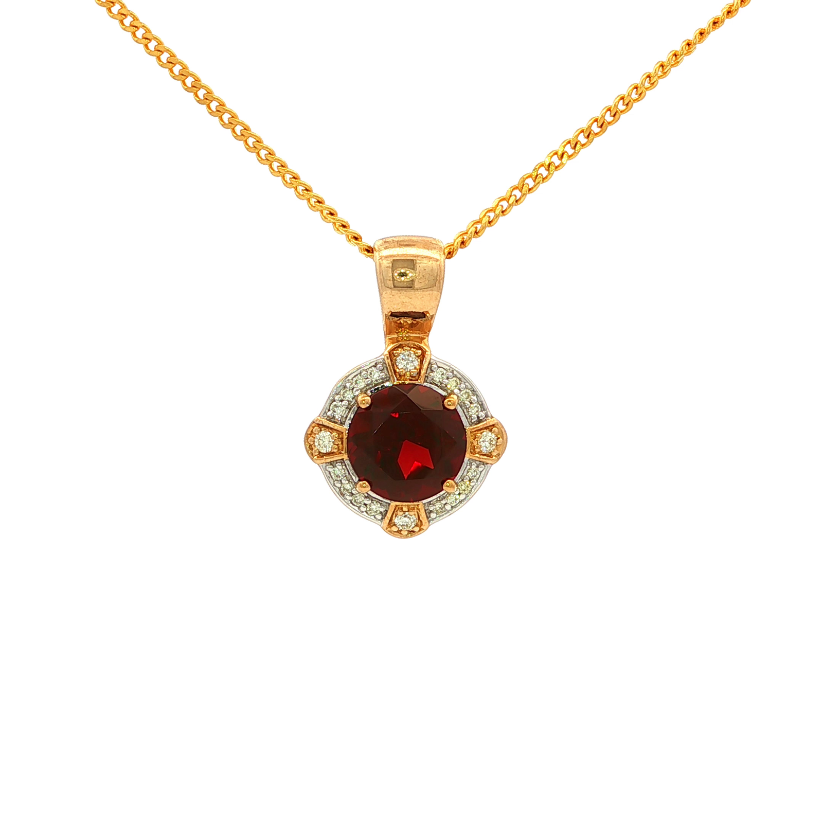 Four Claw Round Garnet and Diamond Pendant in Yellow Gold