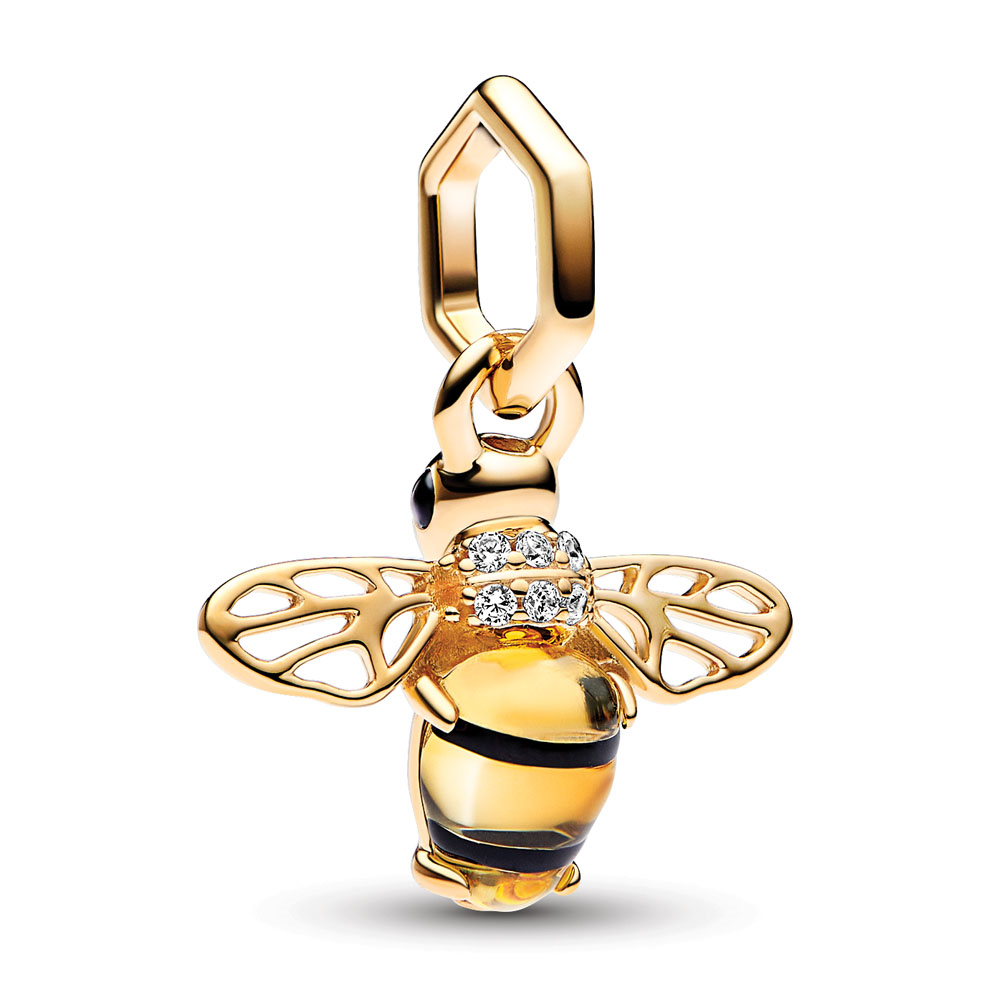 Bee 14k gold-plated dangle with black and sulphur yellow crystal, clear cubic zirconia and black enamel