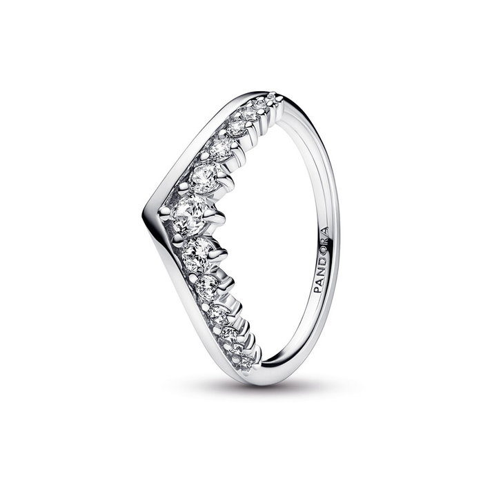 Wishbone sterling silver ring with clear cubic zirconia
